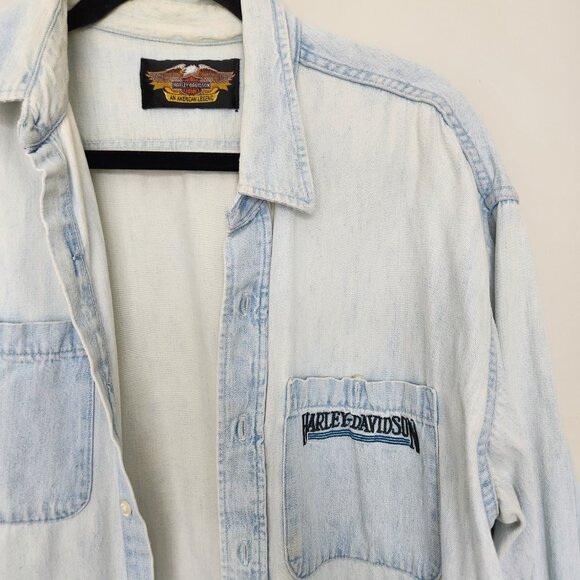 Harley Davidson Cotton Denim Shirt Vintage Mens XL Light Blue Motorcycle Biker - Picture 2 of 8